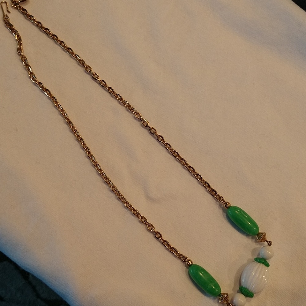 Green and white beaded necklace